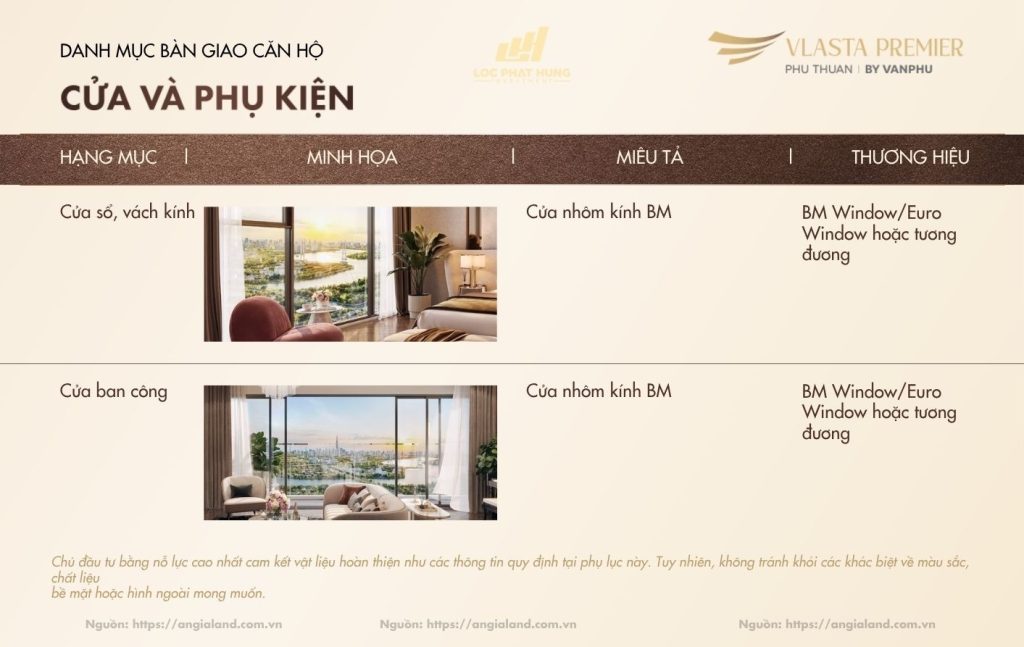 Chi tiết danh mục vật liệu và thiết bị bàn giao hạng sang dự án Vlasta Premier